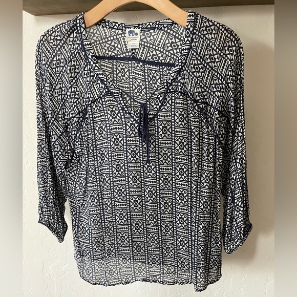 John Robshaw for Lucky Brand| Boho Geometric Pattern Navy Long Sleeve Blouse••• - Picture 1 of 9